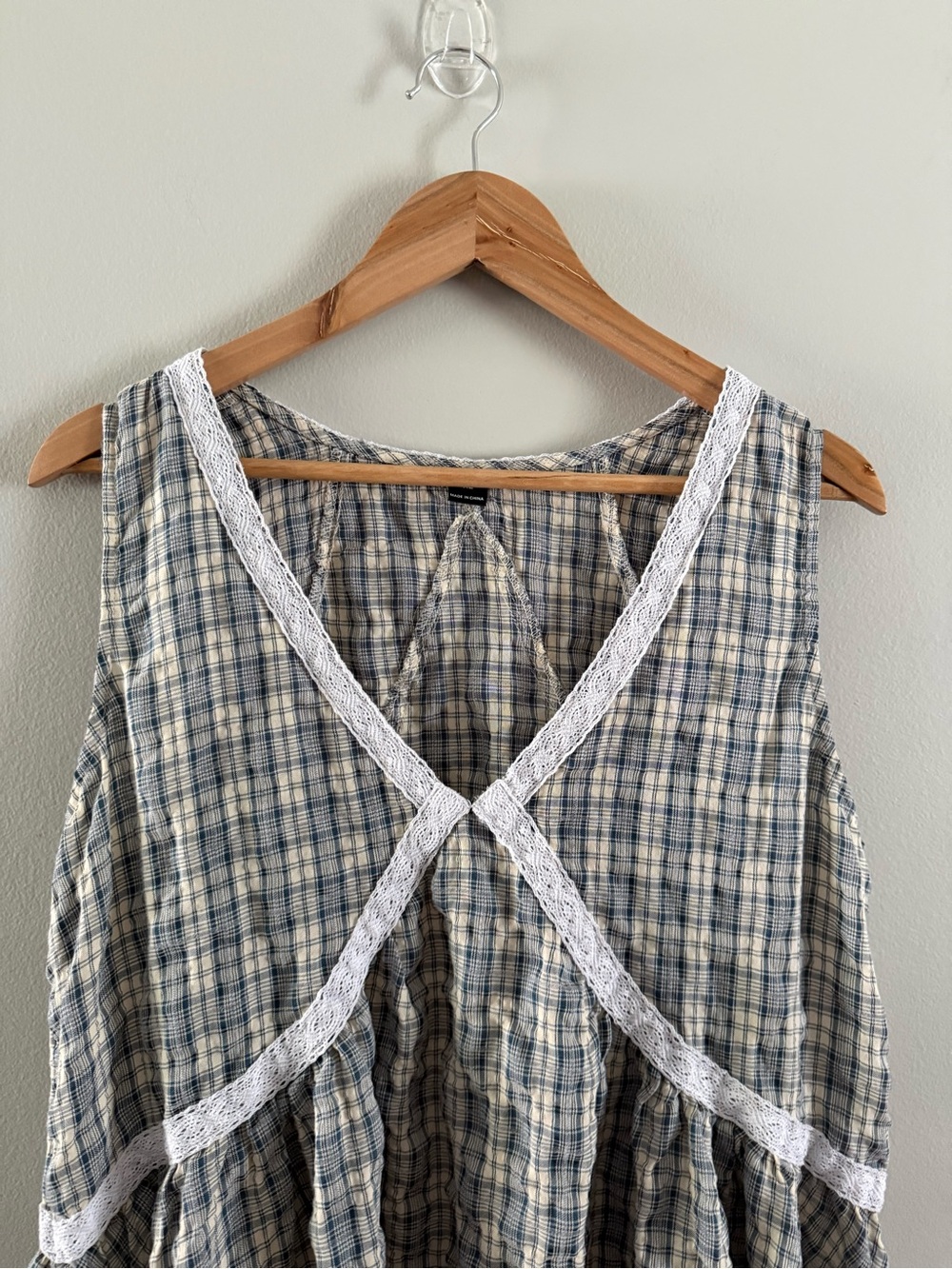 Bohemian Casual Woven Blue & Beige Plaid Sleeveless Midi Dress with Lace Trim - Picture 7 of 11
